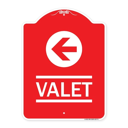 Designer Series Sign-Valet Left Arrow, Red & White Aluminum Architectural Sign